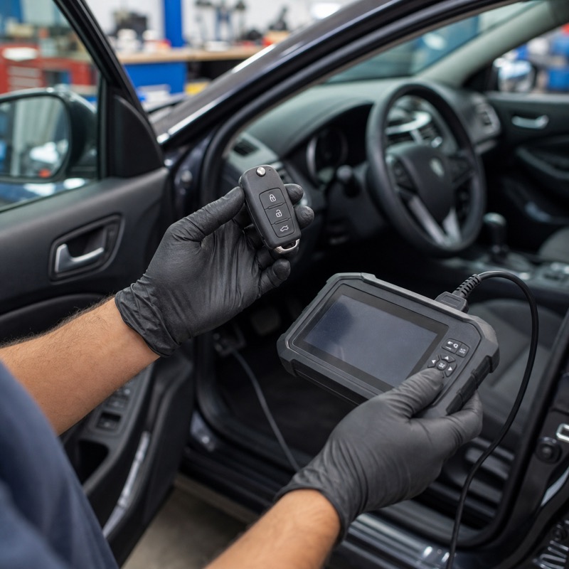 Technician holding a replacement car key beside an automotive key-programming tool