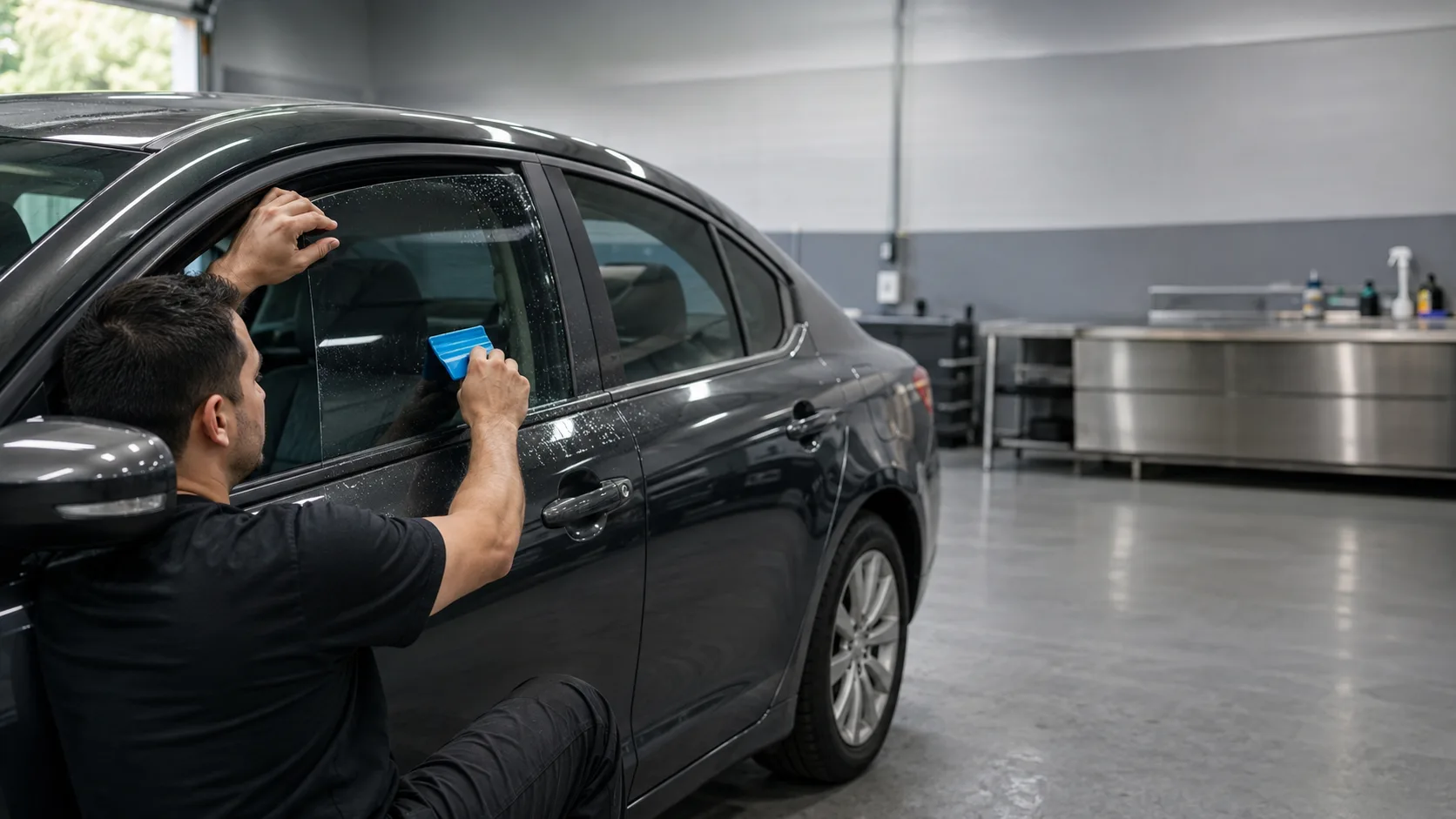 Technician applying automotive window tint film